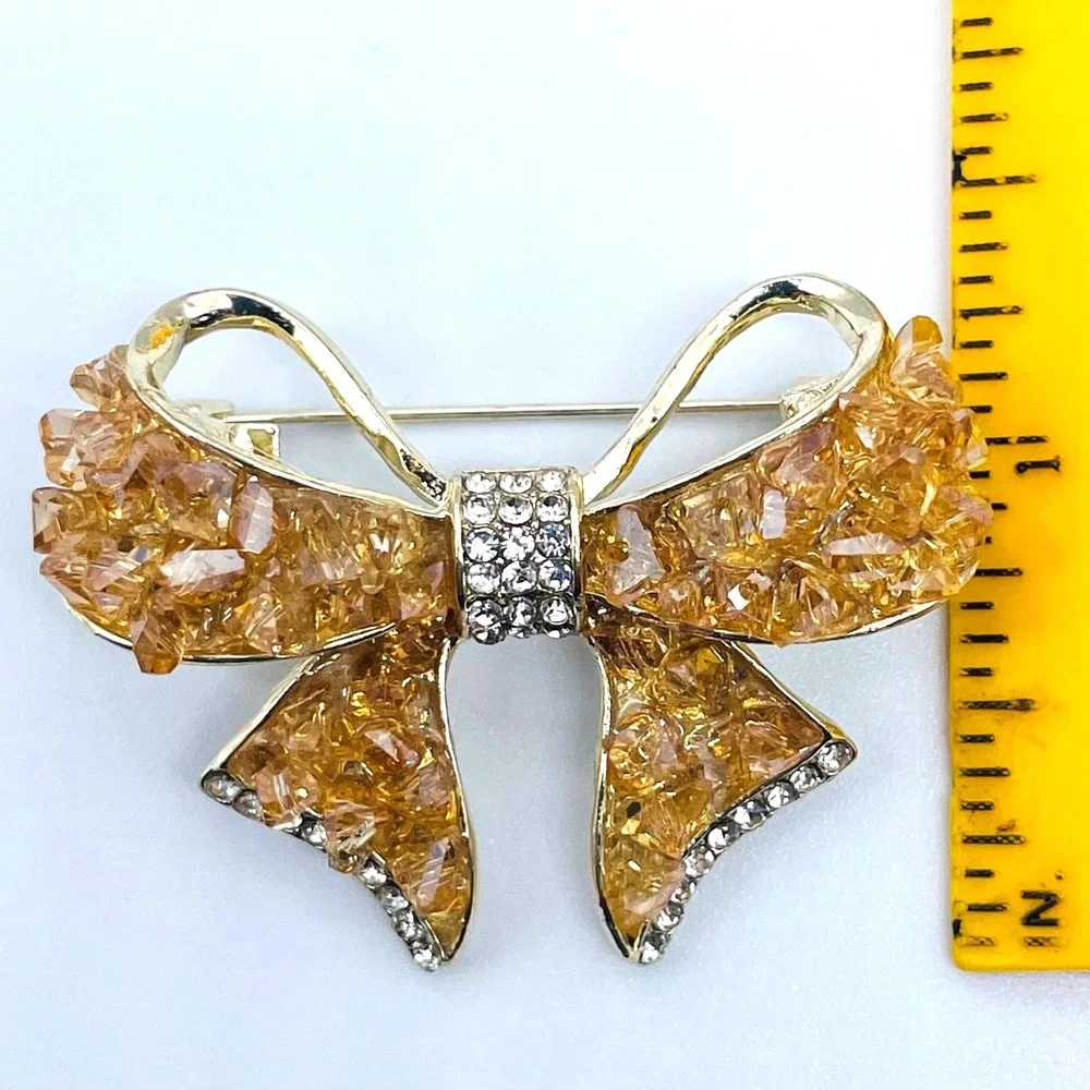 Champagne‎ Rock Clear Rhinestone Vintage Bow Brooch 1.75 inch Unmarked